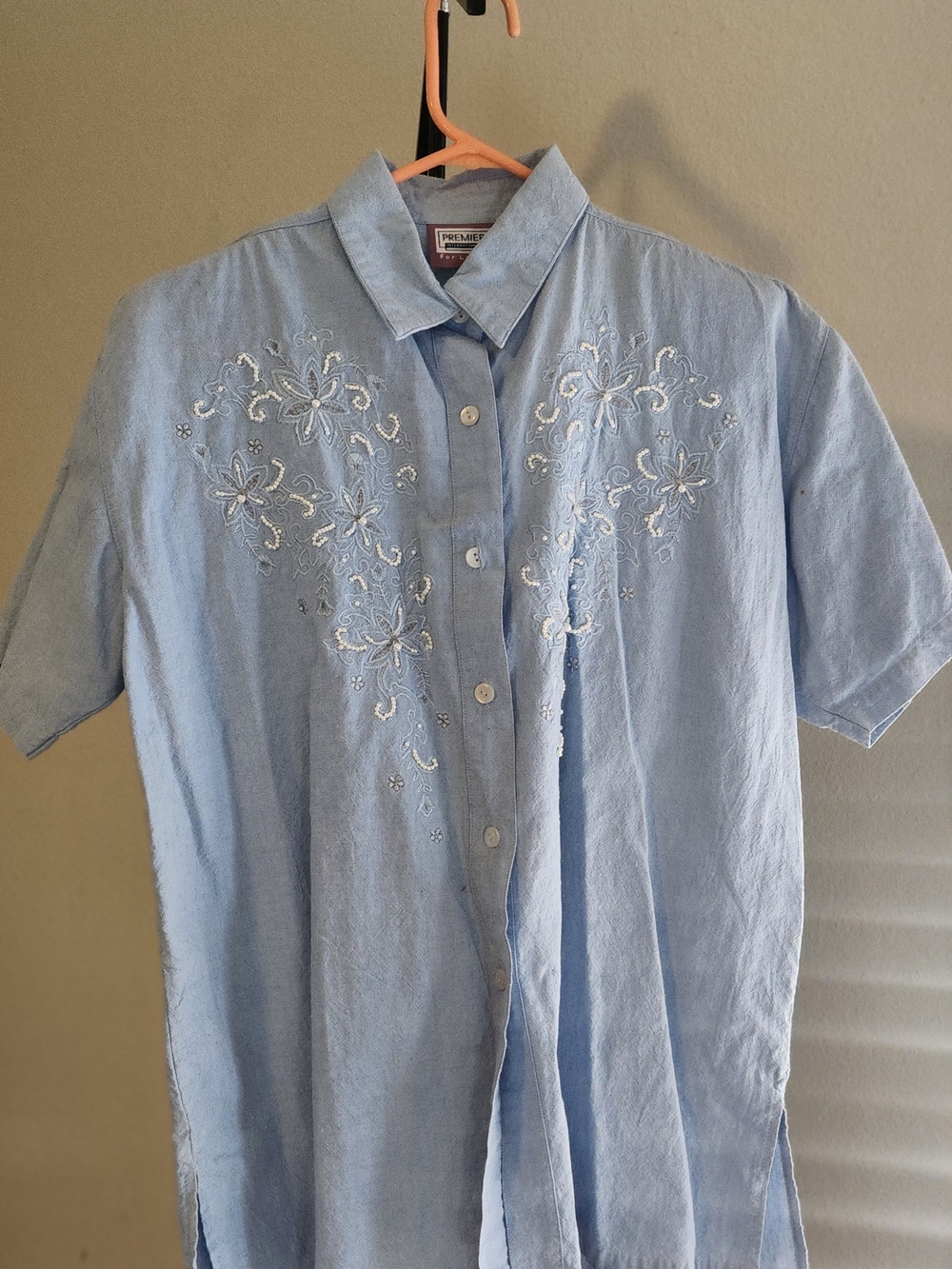 Premier Light Blue Embroidered Short-Sleeve Button-Up Blouse